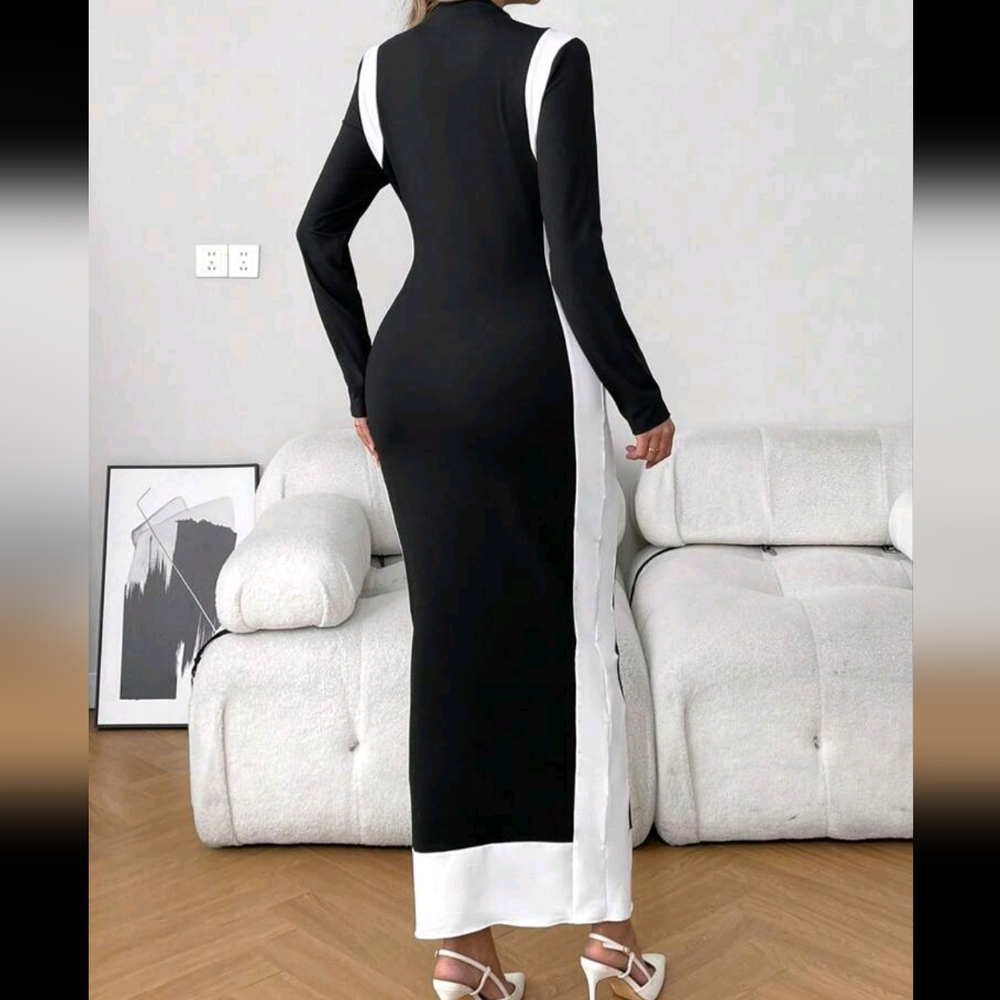 Women's Elegant Casual Black & White Splice Long Sleeve Mid-Length Dress - Picture 2 of 4